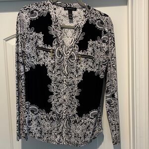 INC International Concepts Black and White Lace Print Blouse small